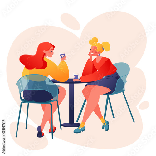 Vector hand drawn illustration two girls sitting in cafe. Restaurant or coffee shop theme for socialnetwork. Blogs about friendship, relationships, articles about cozy places recreation, socialization