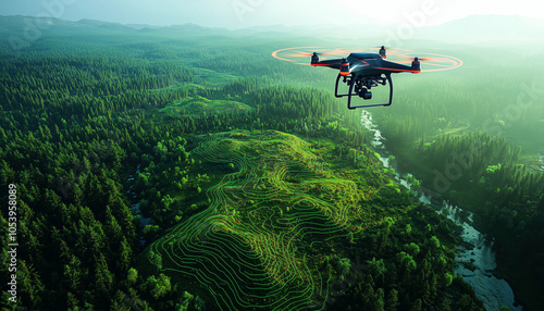 LiDAR Technology Scanning a Vibrant Landscape with High-Tech Drone