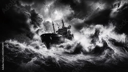 A black and white photograph of a cargo ship sailing on a stormy sea. The contrast between the dark ship and the white waves creates a sense of drama and power.