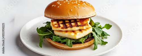 Gourmet-style burger with grilled halloumi, fresh greens, golden brioche bun, elegant white plate