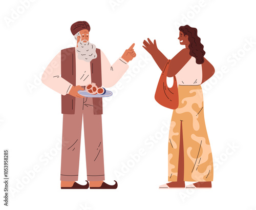 Cartoon Arab vendor bargaining with female tourist customer, Oriental bazaar and Eastern souk trade vector concept