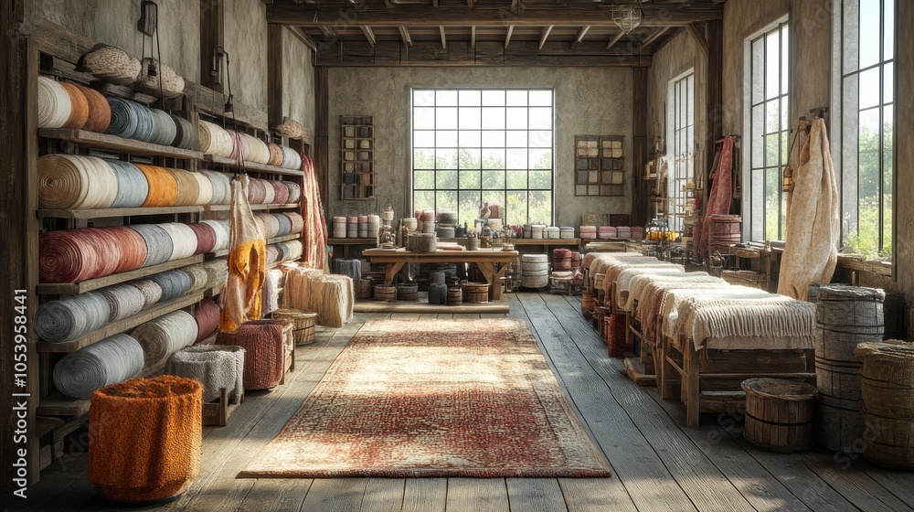 Fototapeta premium Cozy workshop filled with colorful yarn and crafting supplies.