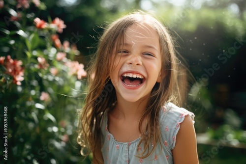 Young girl is smiling and laughing while standing in a garden. The garden is filled with flowers, and the girl is surrounded by them. Concept of happiness and joy