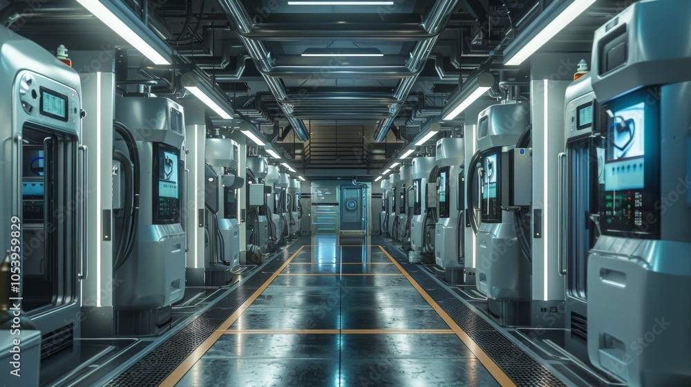 Fototapeta premium Futuristic Industrial Corridor with Advanced Technology Equipment