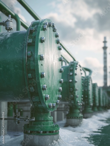 Row of green pipes with a lot of nuts and bolts on them. Concept of industrialization and machinery photo