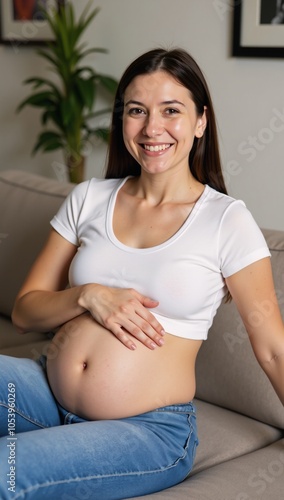 A contented pregnant woman sits at home on a sofa cradling her baby bump Free Download A contented pregnant woman sits at home on a sofa cradling her baby bump - GFXLoad