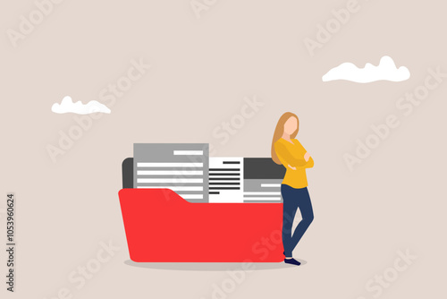Business woman standing side files folder. concept of Workaholic, tired and exhausted from overworked, overload job