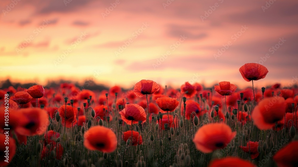 Obraz premium A vibrant field of red poppies blooms under a dramatic sunset, creating a picturesque landscape that emphasizes nature's beauty and serenity.