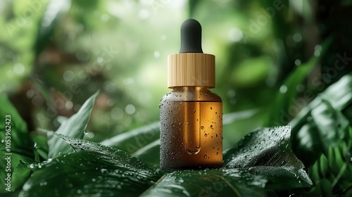 Allnatural skincare serum bottle with ecofriendly dropper, made from frosted glass and bamboo, set on a lush, green backdrop with water droplets photo