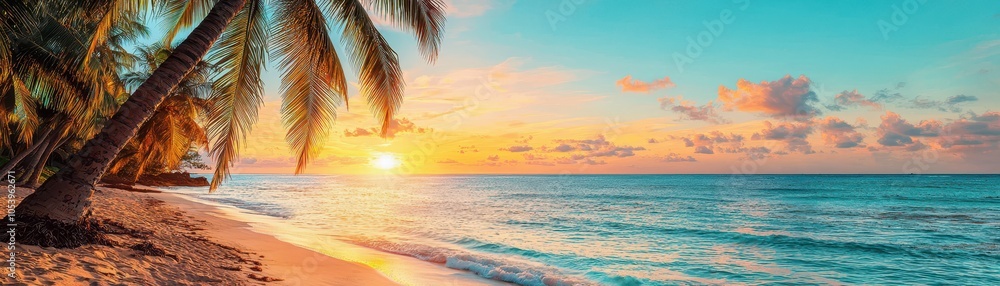 Fototapeta premium Palm trees on a tropical beach at sunset.