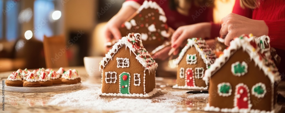 Family making gingerbread houses together in a cozy kitchen, filled with holiday spirit and creativity. high quality illustration image Family making gingerbread houses together in a cozy kitchen, filled with holiday spirit and creativity. high quality illustration image