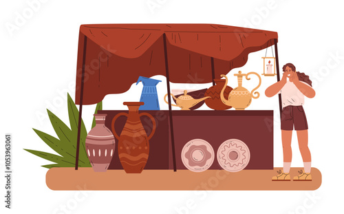 Oriental bazaar, souk trade tent with Eastern handmade pottery, vases, jugs, female tourist looking for seller vector