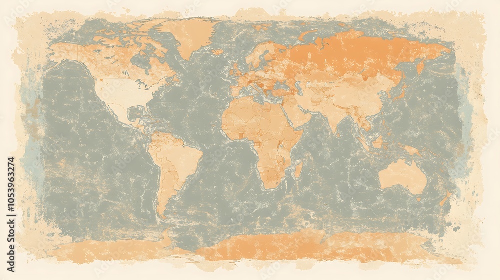 Fototapeta A vintage-style world map with a distressed, textured effect.
