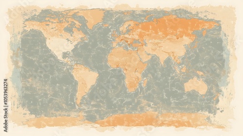 A vintage-style world map with a distressed, textured effect. photo