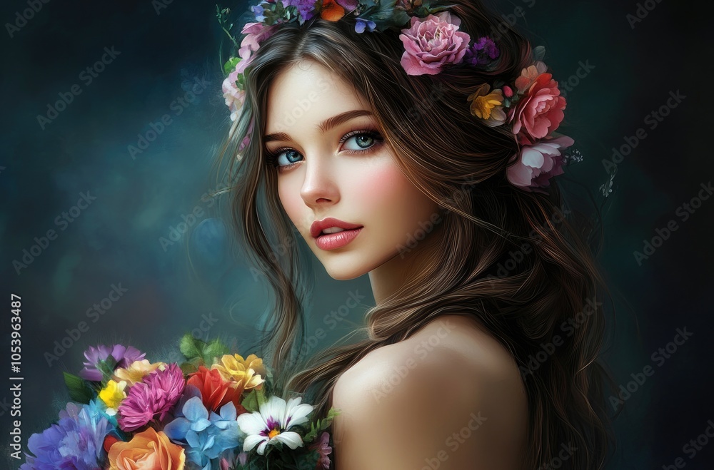 Naklejka premium A beautiful woman with colorful flowers in her hair, holding large bouquets of flowers, against a dark background