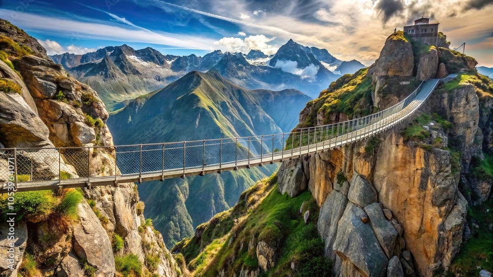 Fototapeta premium Rugged mountain terrain with suspension bridge Leading Lines