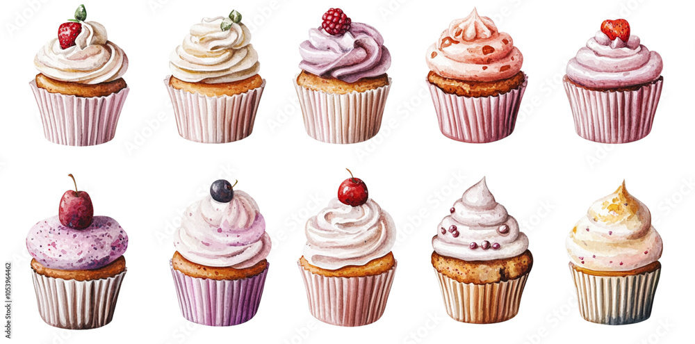 Cupcakes, a watercolor illustration set isolated on a white background Cupcakes, a watercolor illustration set isolated on a white background