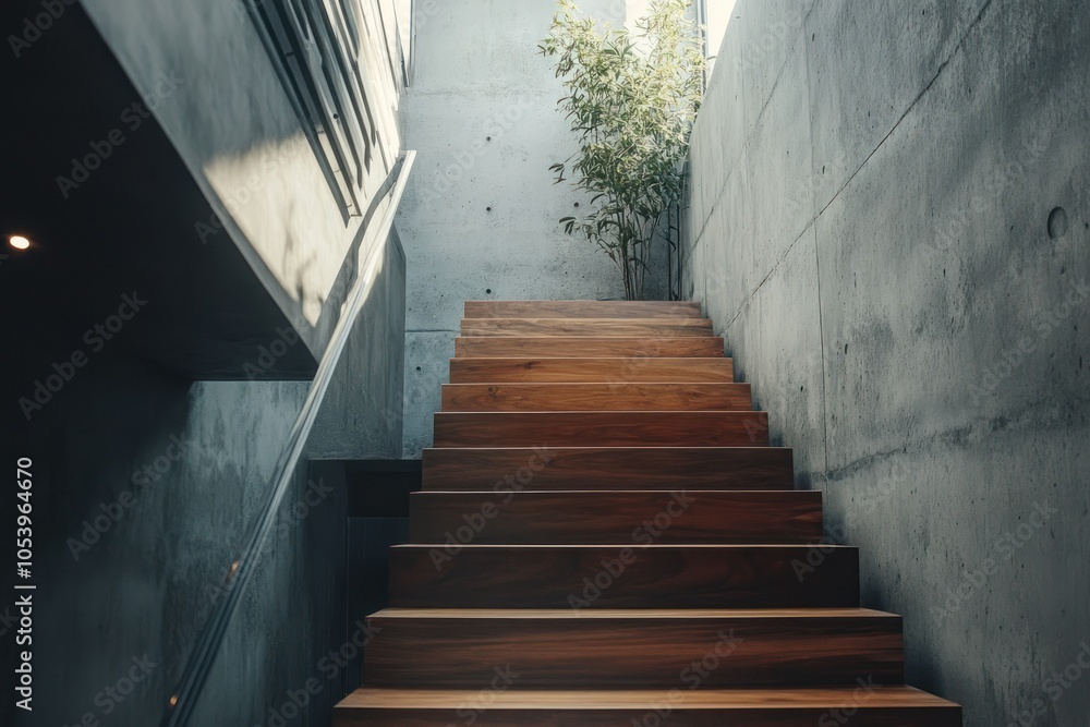 Fototapeta premium Modern Wooden Staircase in Contemporary Interior Design