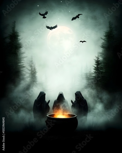 Hooded Witches Performing Mystic Ritual in Misty Forest Clearing Chanting Over Bubbling Cauldron as Ravens Circle Overhead and Full Moon Shines Through the Trees