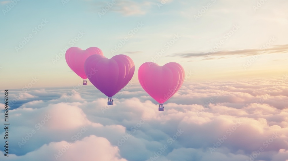 Fototapeta premium Three pink balloons with hearts on them flying in the sky. The balloons are in the clouds and the sky is blue