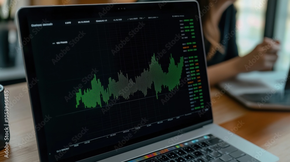 Stock market analysis on laptop screen, showcasing bullish trend and financial growth insights in real-time trading session visualization. Stock market analysis on laptop screen, showcasing bullish trend and financial growth insights in real-time trading session visualization.