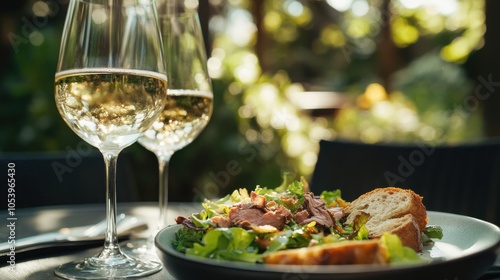 A beautiful and delicious salad with meat, a glass of white wine on the table in an outdoor restaurant overlooking nature.