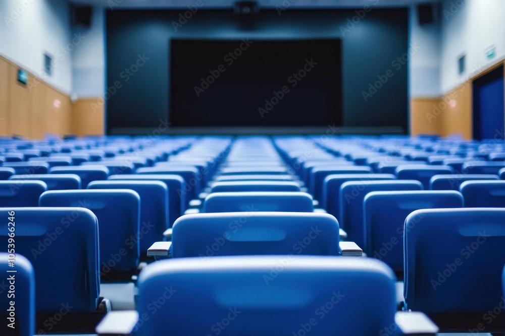 Fototapeta premium Empty Theater with Blue Chairs and Dark Screen
