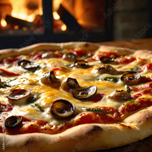 Close-Up of Freshly Baked Pizza with Crispy Crust and Vibrant Toppings