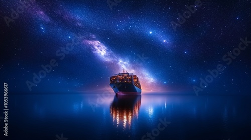 A cargo ship sails beneath a night sky filled with stars. The ship's lights reflect on the calm water, creating a serene and ethereal atmosphere. photo