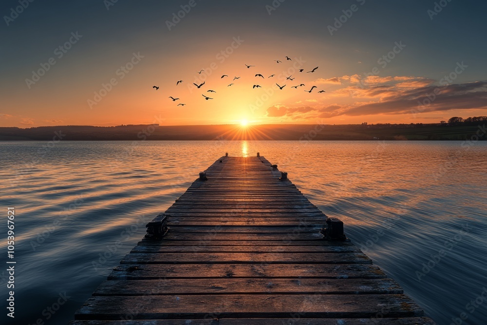 Fototapeta premium A serene sunset view over calm waters. A wooden pier stretches into the horizon. Birds fly gracefully in the sky above. Perfect for relaxation and nature themes. Generative AI