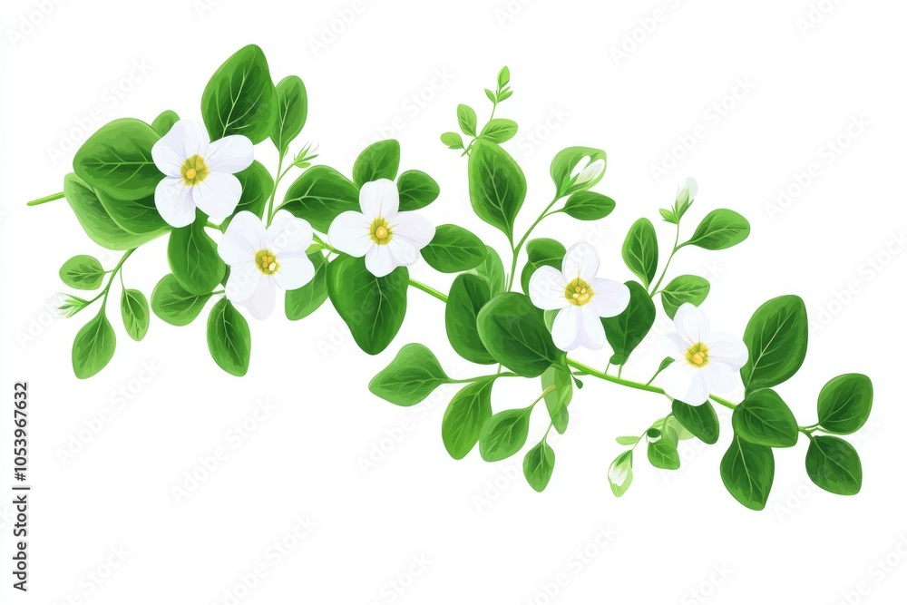 Obraz premium White flower with green leaves is shown in a line. The flowers are arranged in a way that they are all facing the same direction. The image has a serene and peaceful mood