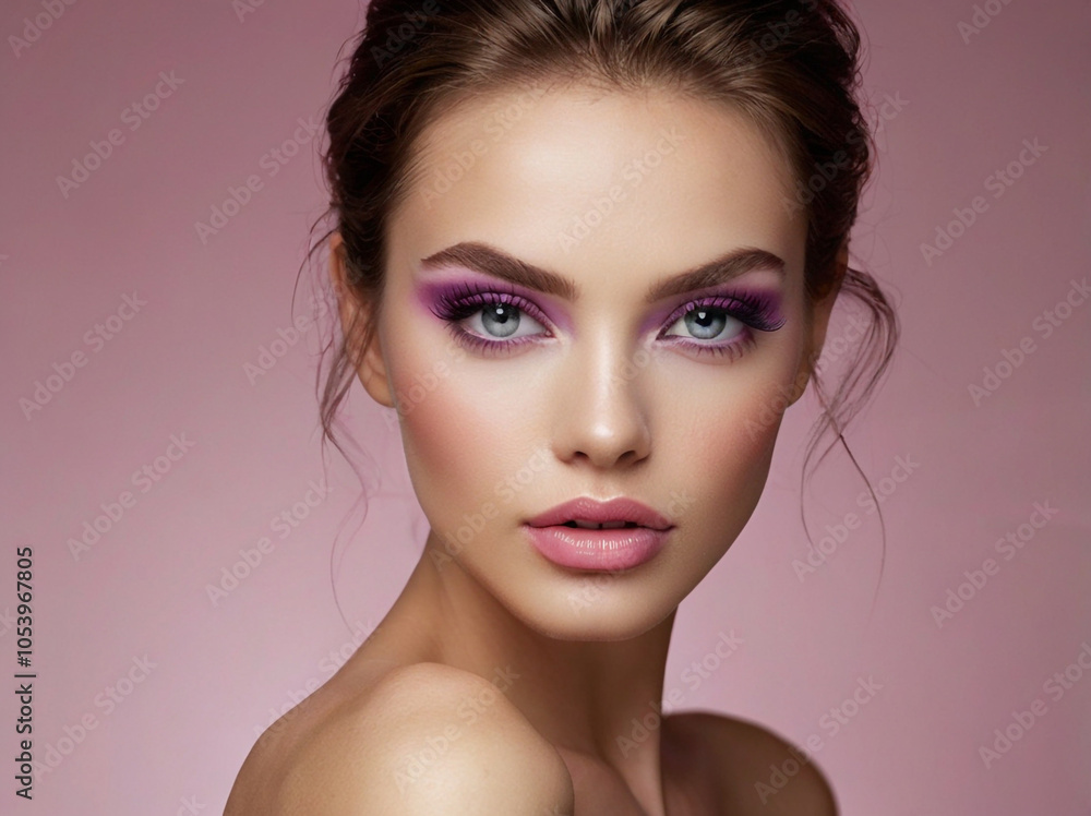 Fototapeta premium A captivating close-up portrait of a beautiful young woman with makeup