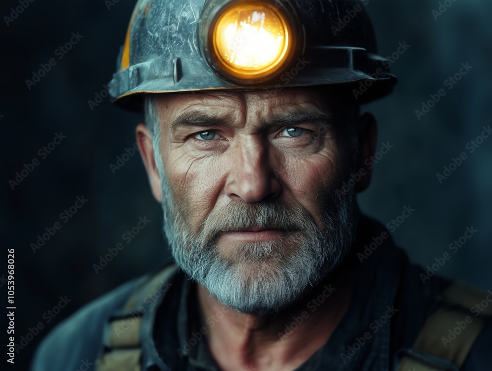 Close portrait 50yo Miner no beard in a helmet with a single headlamp. Close portrait 50yo Miner no beard in a helmet with a single headlamp.