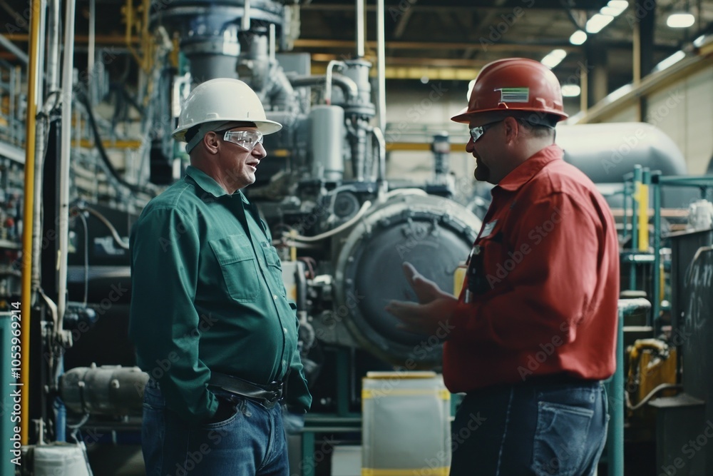 Workers Discussing Machinery in Industrial Setting Workers Discussing Machinery in Industrial Setting