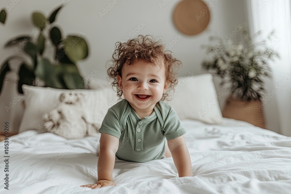 Fototapeta premium a happy baby in a green shirt crawling on a white bed, a stock photo with a simple composition, a feminine and sunny light background