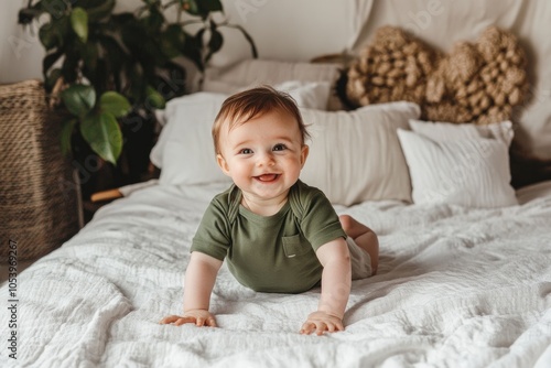 Wallpaper Mural a happy baby in a green shirt crawling on a white bed, a stock photo with a simple composition, a feminine and sunny light background Torontodigital.ca