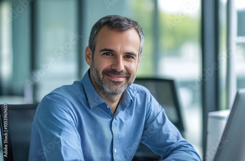 A happy, handsome man in a blue shirt sitting at a desk with a laptop and looking at the camera, working on a project.