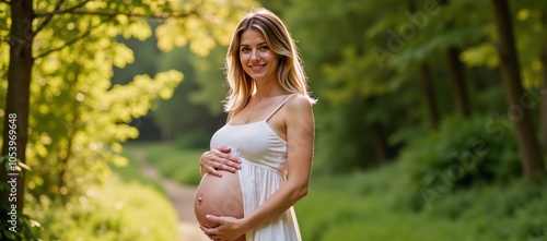 A pregnant woman in the third trimester finds solace in a peaceful environment photo