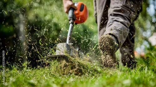 Gardener using electric weed trimmer to trim grass in garden. Lawn care in yard photo