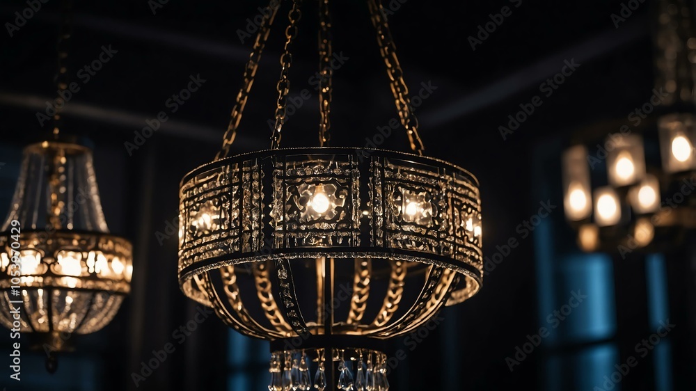 aesthetic decorative chain shaped chandeliers on black themed background. bokeh style aesthetic decorative chain shaped chandeliers on black themed background. bokeh style