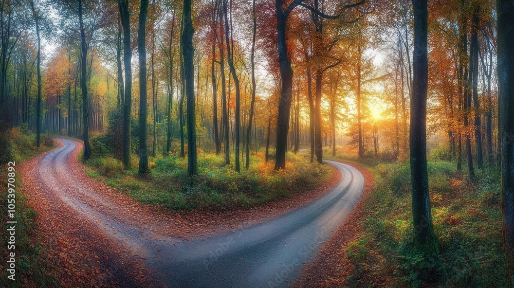 Fototapeta premium A winding road through a forest with autumn leaves, leading to a vibrant sunset.
