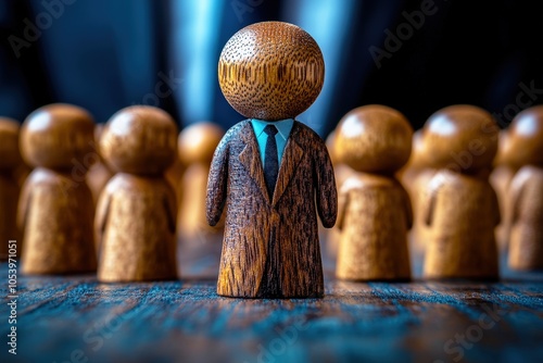 Wooden Figurine Leader: A symbolic image of leadership and guidance. A single wooden figure, dressed in a suit, stands prominently before a group of similar figures.