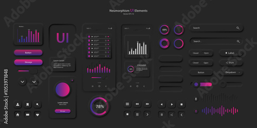 User interface elements for a mobile application in black and pink. A set for developing a modern website or mobile application in the Neumorphism style. Vector EPS 1 0.