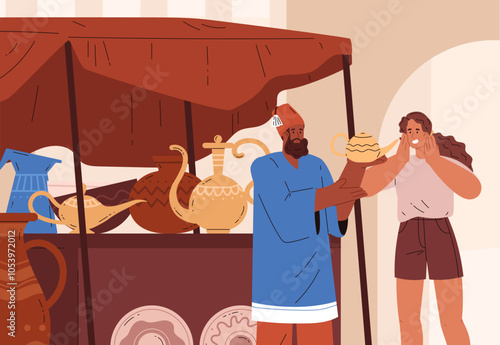 Illustration of an oriental bazaar where a merchant in a shop sells clay pottery to a tourist.