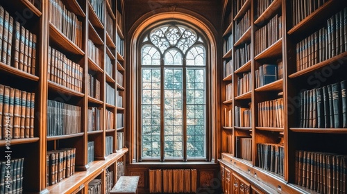 Wallpaper Mural Serene Library Ambiance: Vintage Wooden Bookshelves with Leather-bound Books and Arched Windows Emitting Soft Light Torontodigital.ca