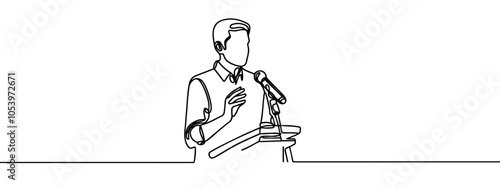 One solid line drawing. man speaking, businessmen, student on podium. design vector illustration