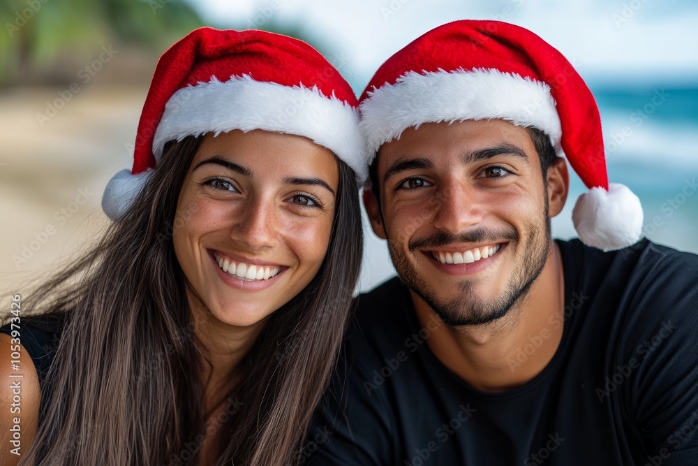 Man and a woman are smiling and wearing Santa hats. They are posing for a picture on a beach Man and a woman are smiling and wearing Santa hats. They are posing for a picture on a beach
