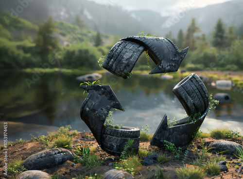 Tire recycling - triangle sign made from black tires