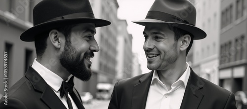 An interracial pair of gay men donning hats photo