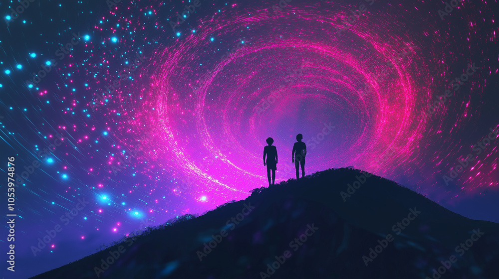 Fototapeta premium Silhouetted couple stargazing under vibrant night sky